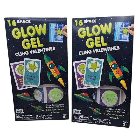 Space Glow Gel Cling Valentines Cards For Kids 16 Cards 2 packs - Picture 1 of 6